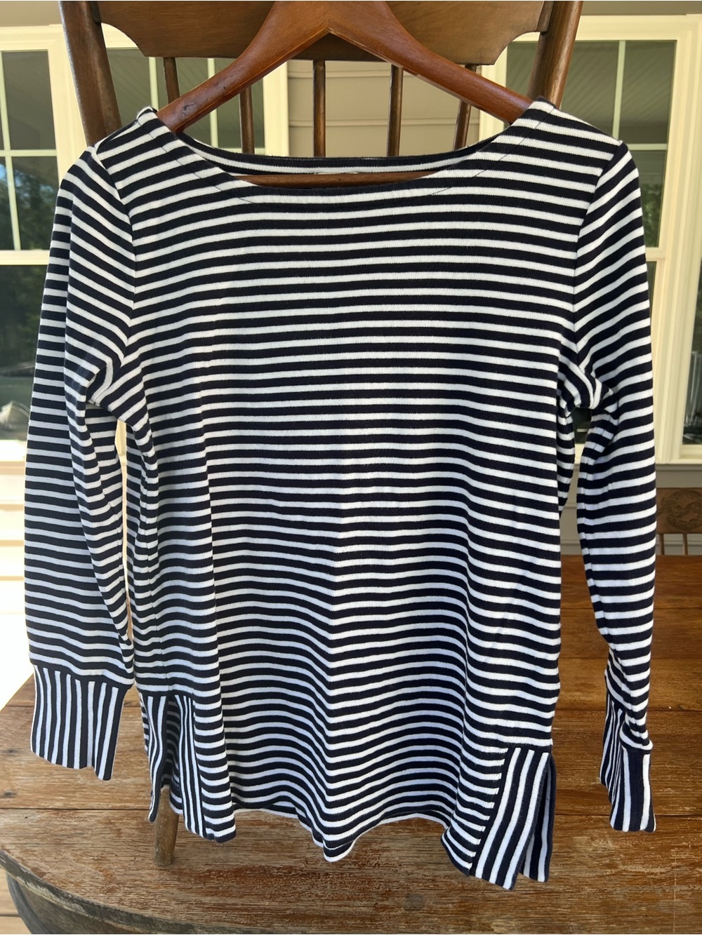 TALBOTS Women's Black White Striped Cotton Long Sleeve Casual Top Boat Neck MP
